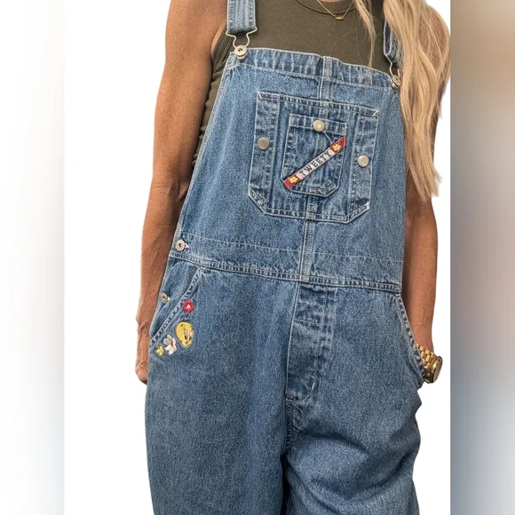 Vintage 2000 Looney Tunes Denim Overalls Bugs Bunny Embroidered Size L Overalls